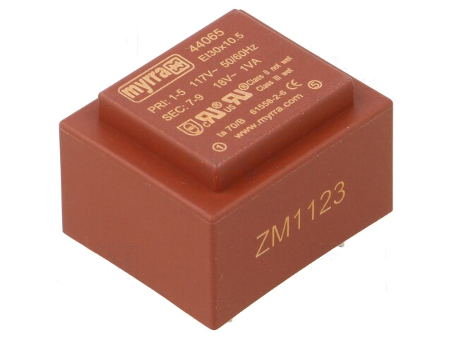 Transformator: ingegoten; 1VA; 117VAC; 18V; 56mA; PCB Transformator: ingegoten; 1VA; 117VAC; 18V; 56mA; PCB